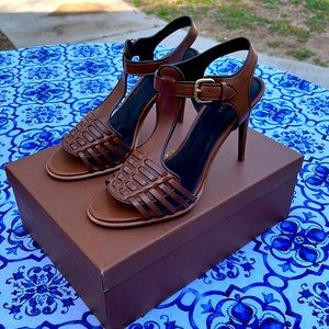 Brown T-strap w/ woven huarache style Slender stacked 4” heel.